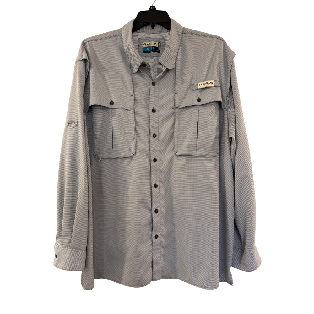 Magellan Outdoors FishGear Aransas Pass Fishing Shirt Mens 2XL Grey Plaid Vented